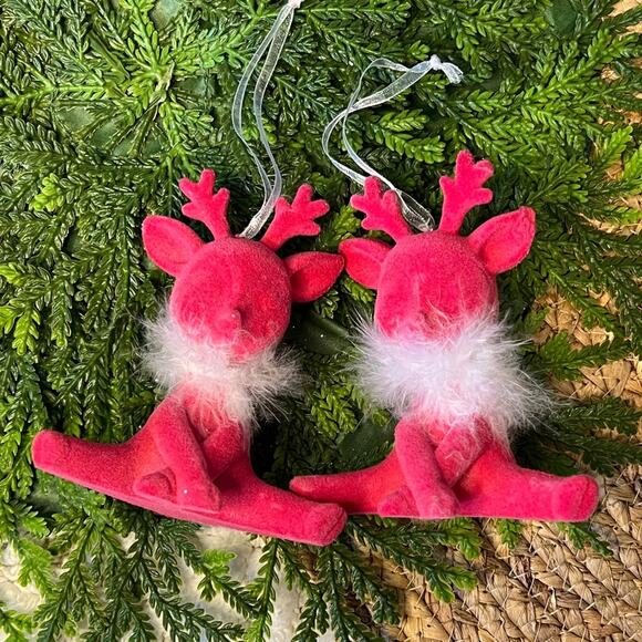Set of 2 Flocked Pink Deer Reindeer Christmas Ornaments Sleeping Faux Fur Boa - Picture 1 of 8